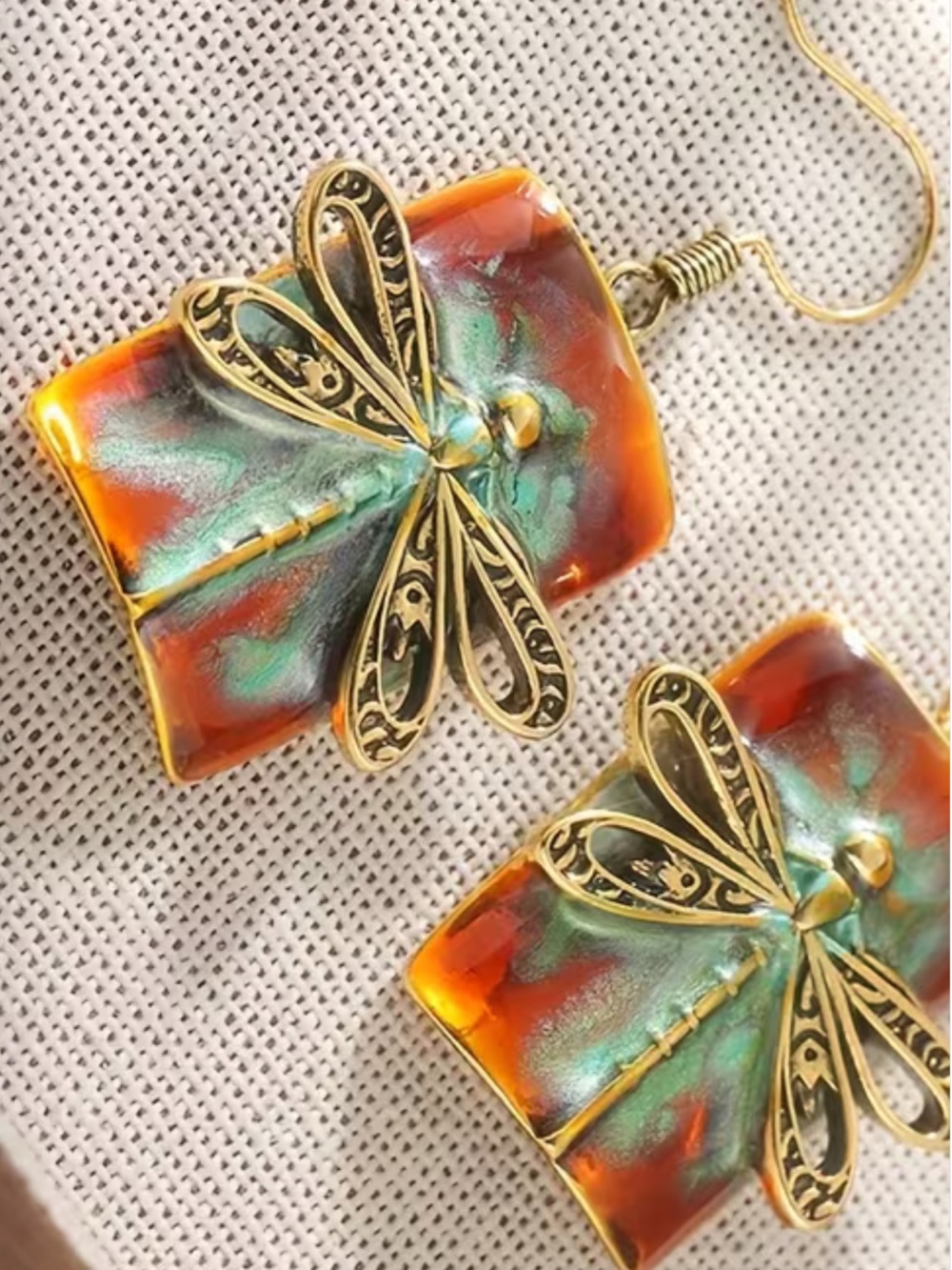 Gold Dragonfly Copper Enamel Earrings NEW Dangle